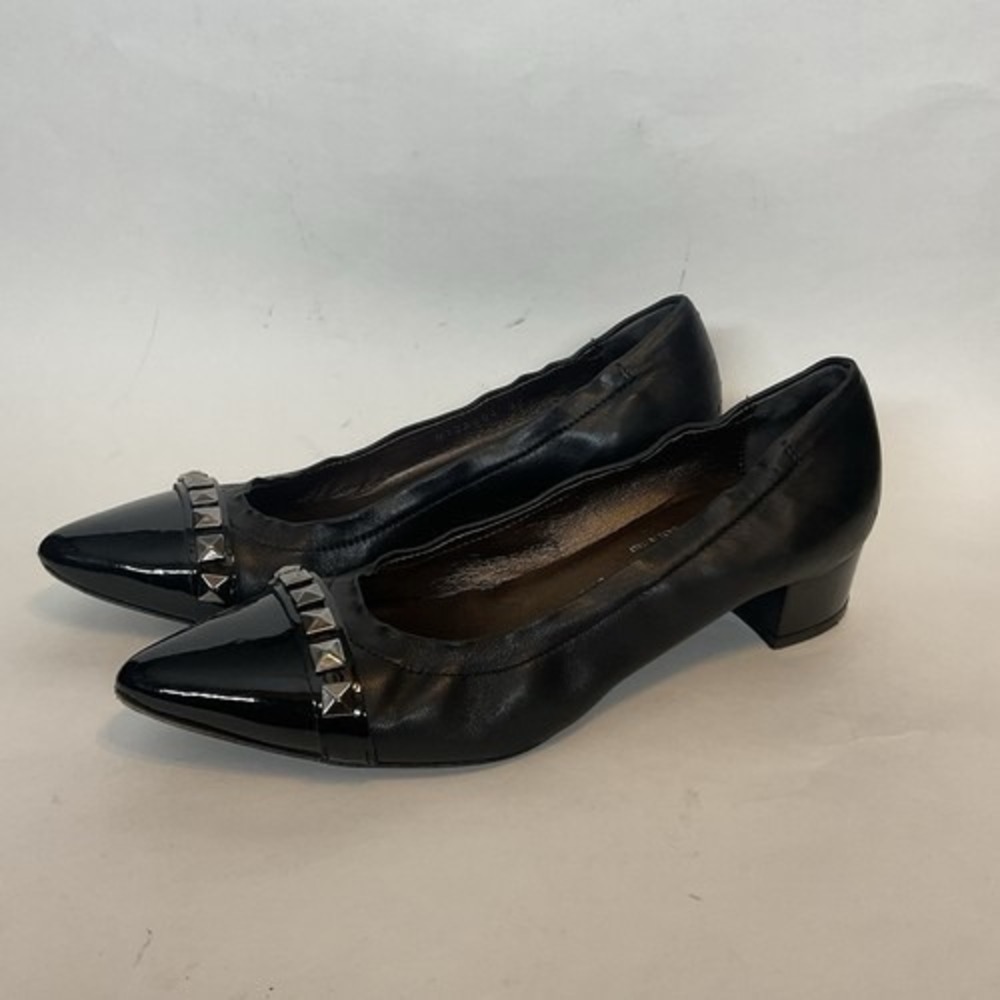 AGL Black Pyramid Stud Pointed Toe Block Heel Pumps Women 37/US7 Italy Leather